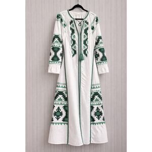 Julia Amory Coatue Caftan Dress Floral Embroidered White Green Cotton Sz XL